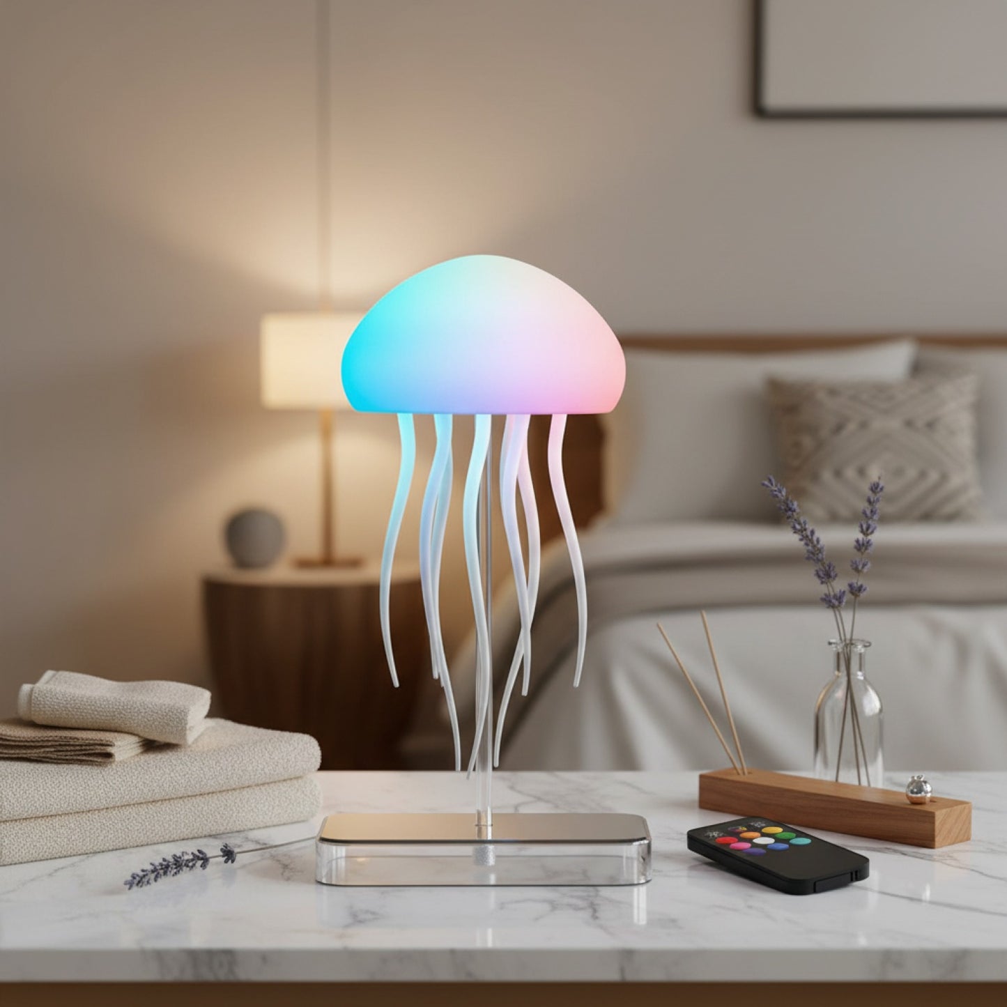 Veilleuse Lampe Méduse LED avec 9 Tentacules, 2 Modes, Effets Lumineux à Dégradé de Couleurs et Télécommande