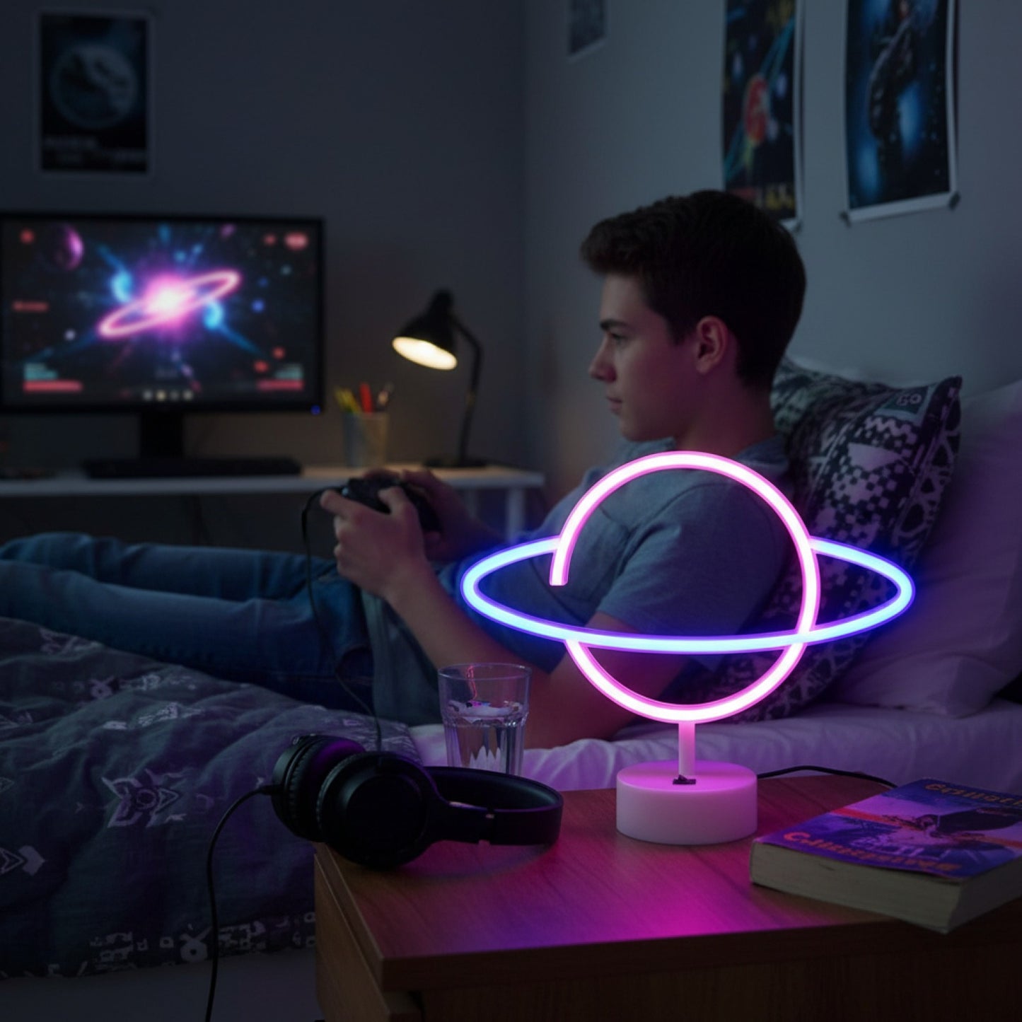 Veilleuse Planète Décorative Rose/Bleu - Lumière d'Ambiance USB/Piles