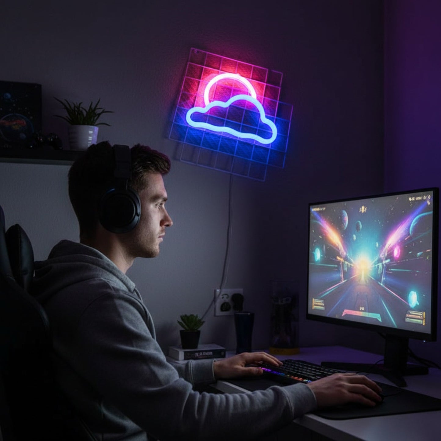 Veilleuse LED Néon "Fire Moon Star" - Décoration Murale Lumineuse pour Chambre