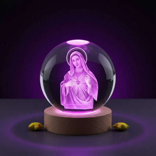 Veilleuse Cristal Gravée Laser Vierge Marie - Cadeau Religieux & Décoration Noël
