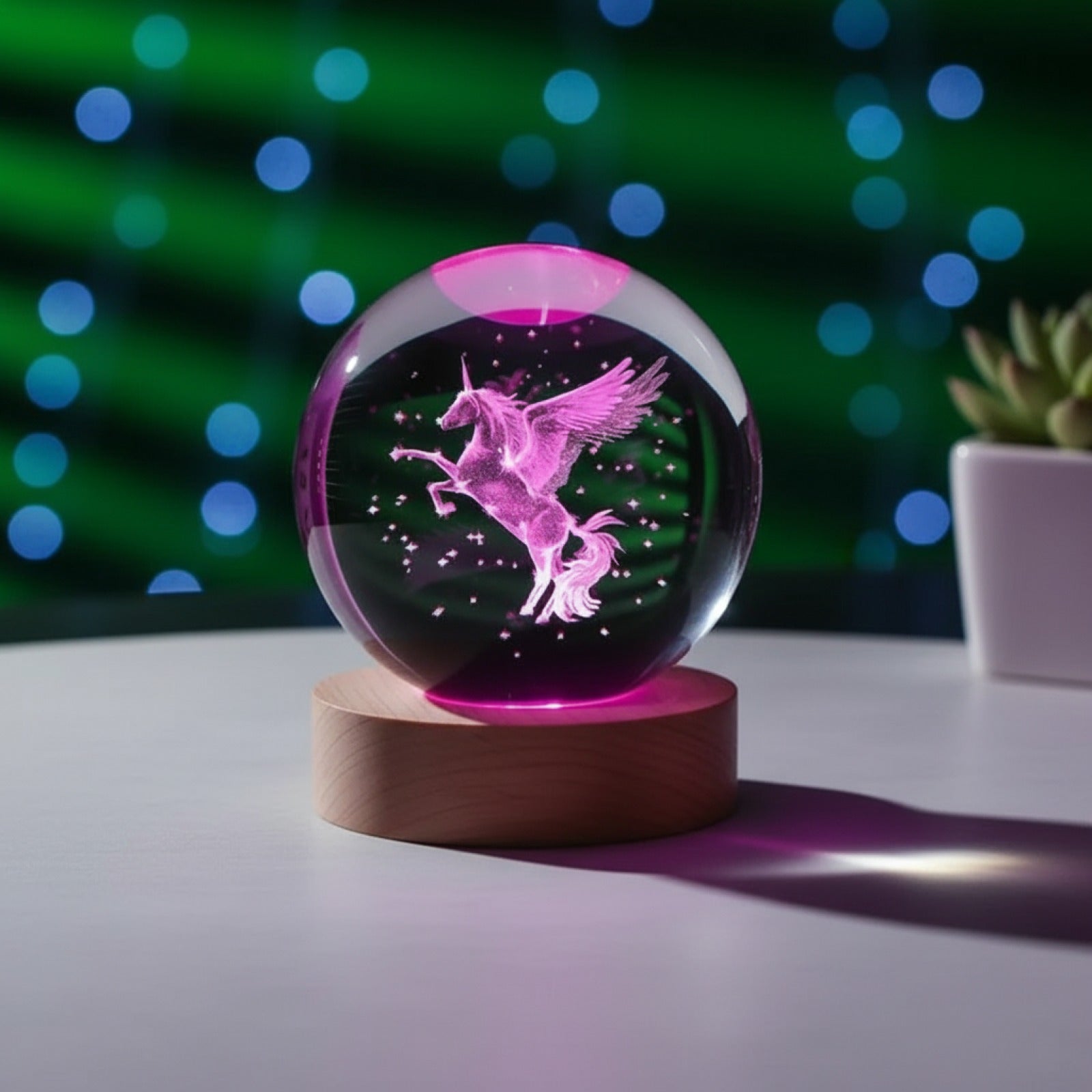 Veilleuse Boule de Cristal Licorne Gravée Laser 3D avec Support LED Coloré - Cadeau Décoration Originale