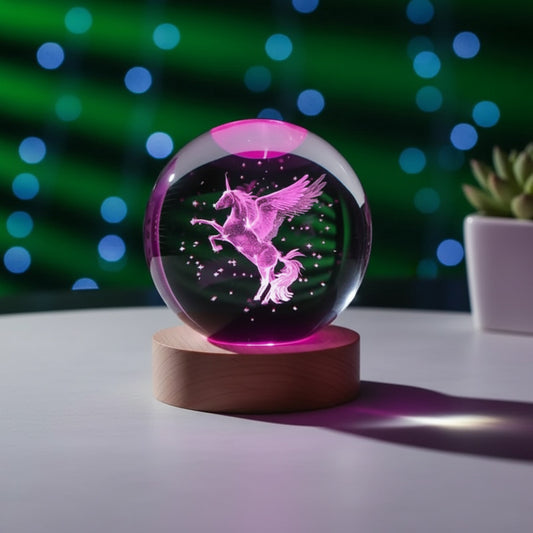 Veilleuse Boule de Cristal Licorne Gravée Laser 3D avec Support LED Coloré - Cadeau Décoration Originale