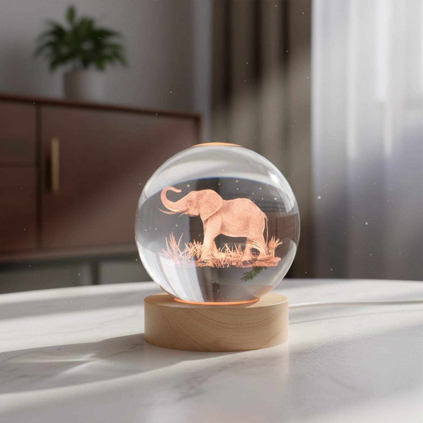 Veilleuse Boule de Cristal Gravée Éléphant 3D avec Support Lumineux LED - Décoration Intérieure Salon & Chambre