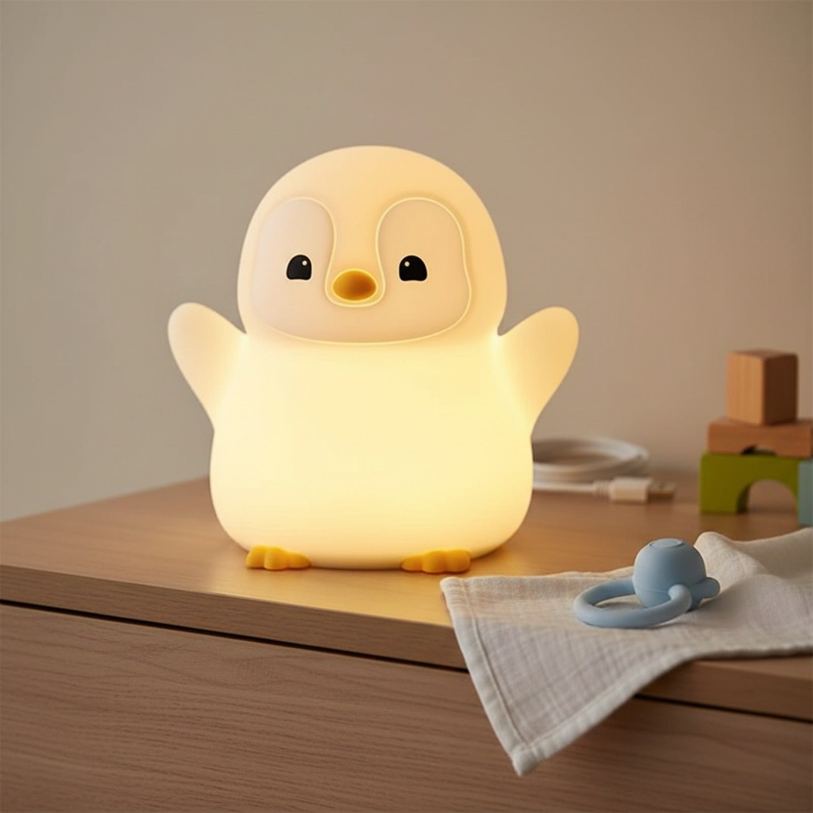 Veilleuse Pingouin en Silicone Souple, Lampe de Chevet Bébé Rechargeable USB avec Minuteur
