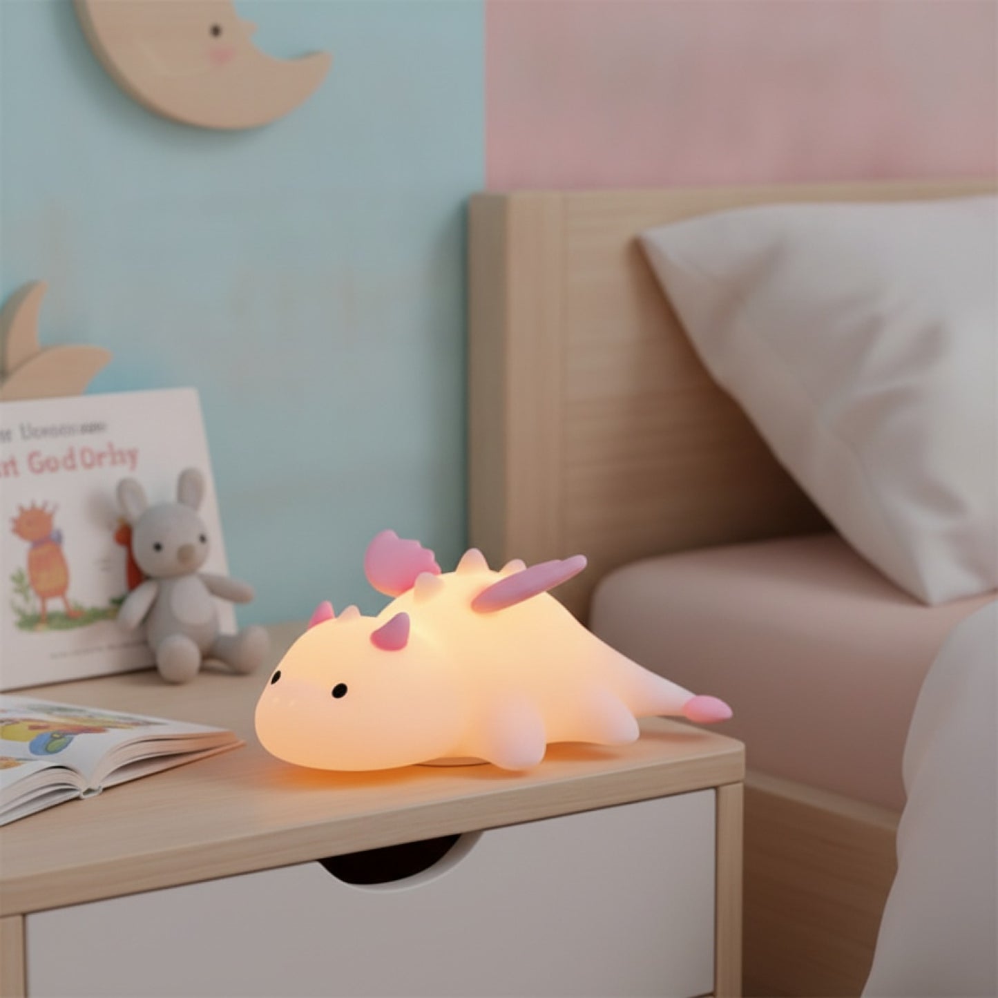 Veilleuse Dragon Silicone Rechargeable pour Enfants - 7 Couleurs, Base Magnétique & Timer