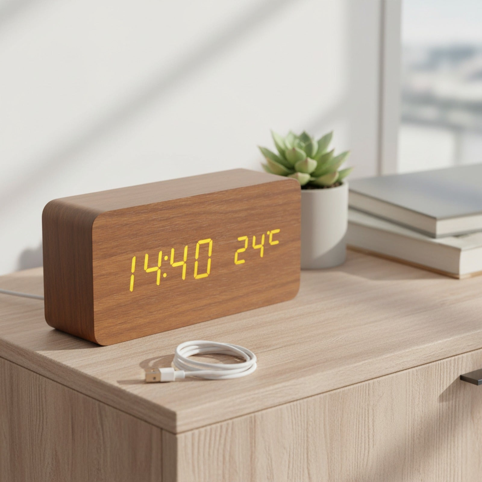 Veilleuse Réveil Digital Bois LED avec Température - Horloge de Bureau et de Chevet