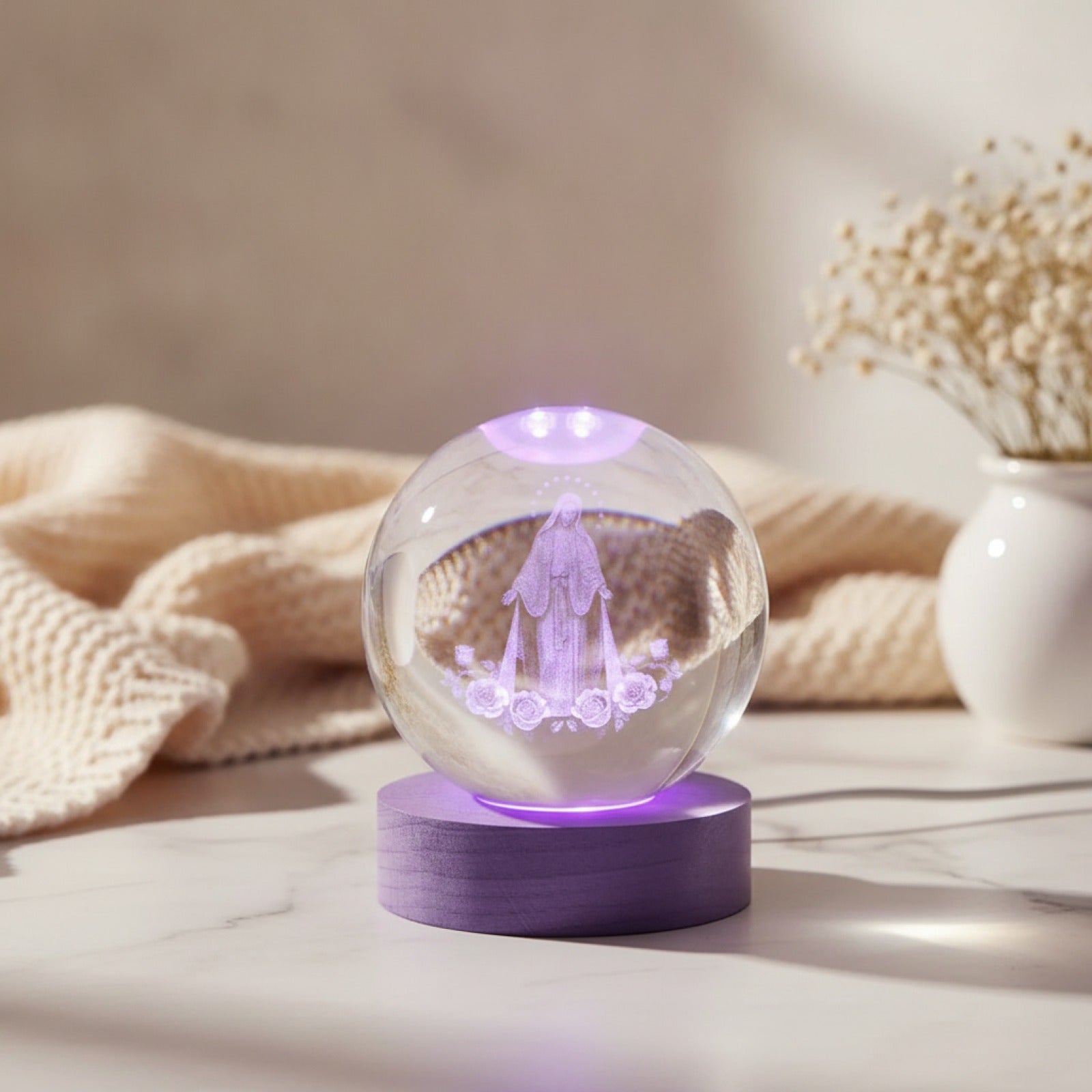 Veilleuse Boule de Cristal Gravée Laser 3D Vierge Marie - Décoration Intérieure & Cadeau Spirituel