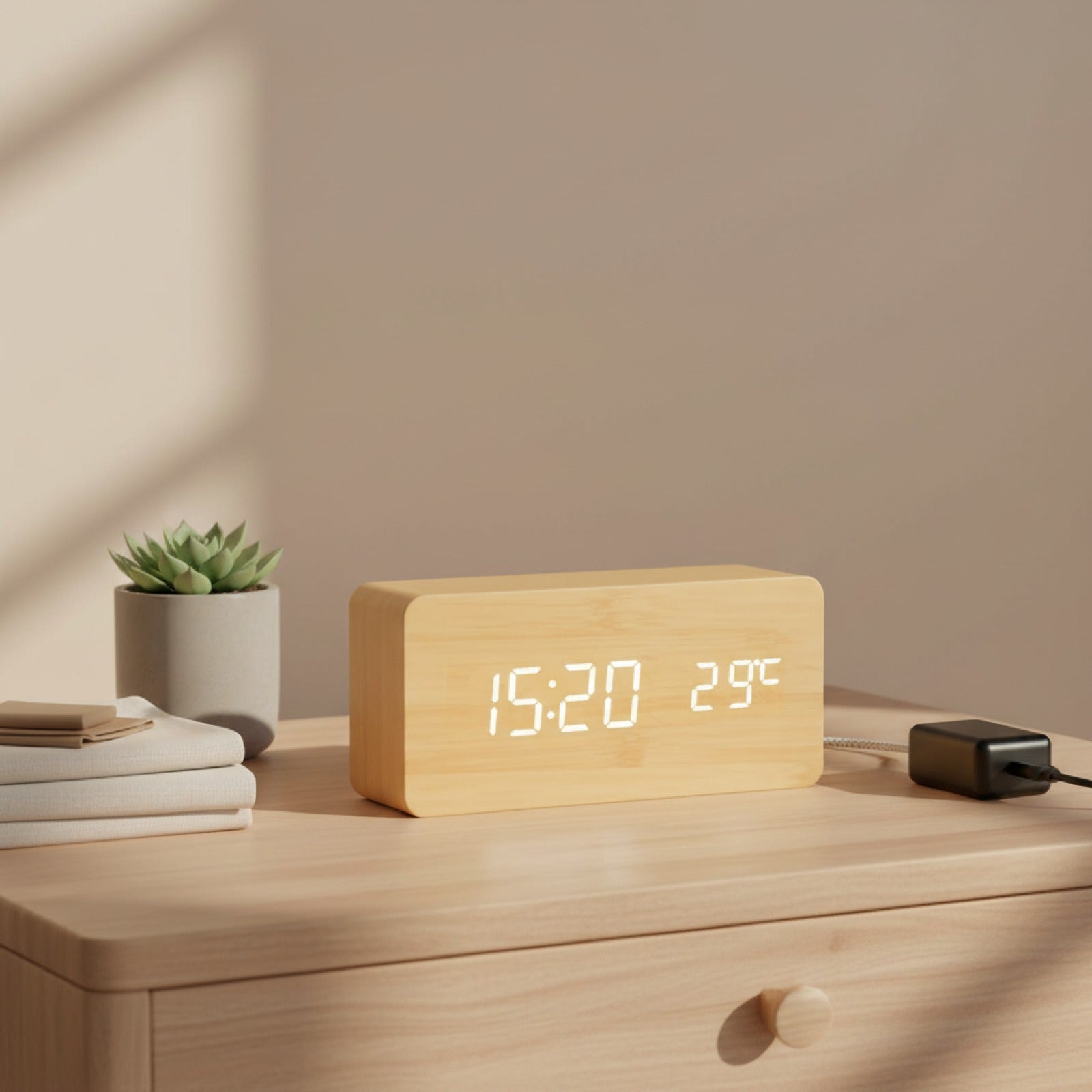 Veilleuse Réveil Digital Bois LED avec Température - Horloge de Bureau et Chevet