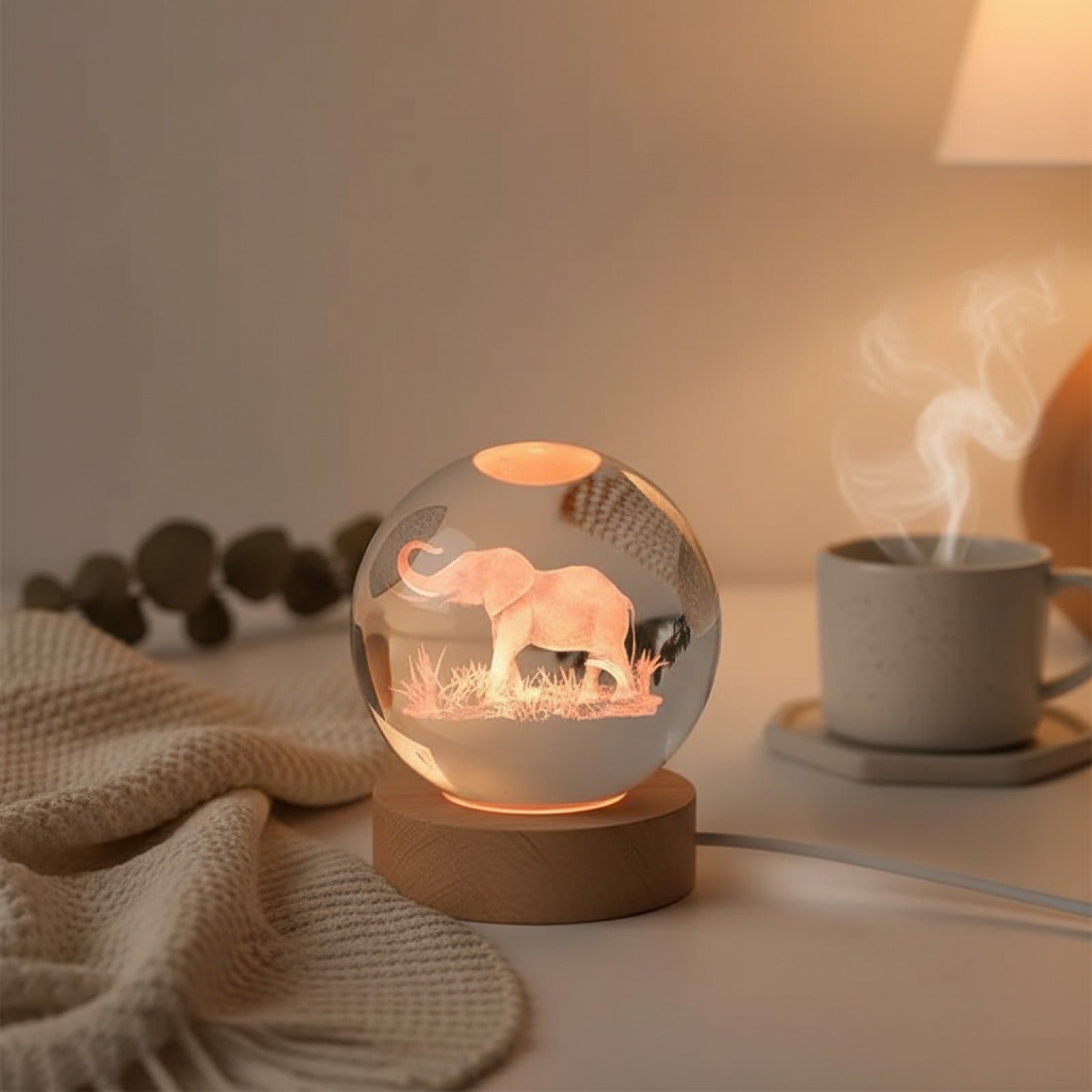 Veilleuse Boule de Cristal Gravée Éléphant 3D avec Support Lumineux LED - Décoration Intérieure Salon & Chambre