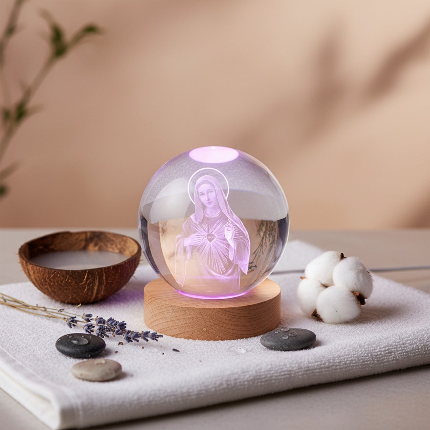 Veilleuse Cristal Gravée Laser Vierge Marie - Cadeau Religieux & Décoration Noël