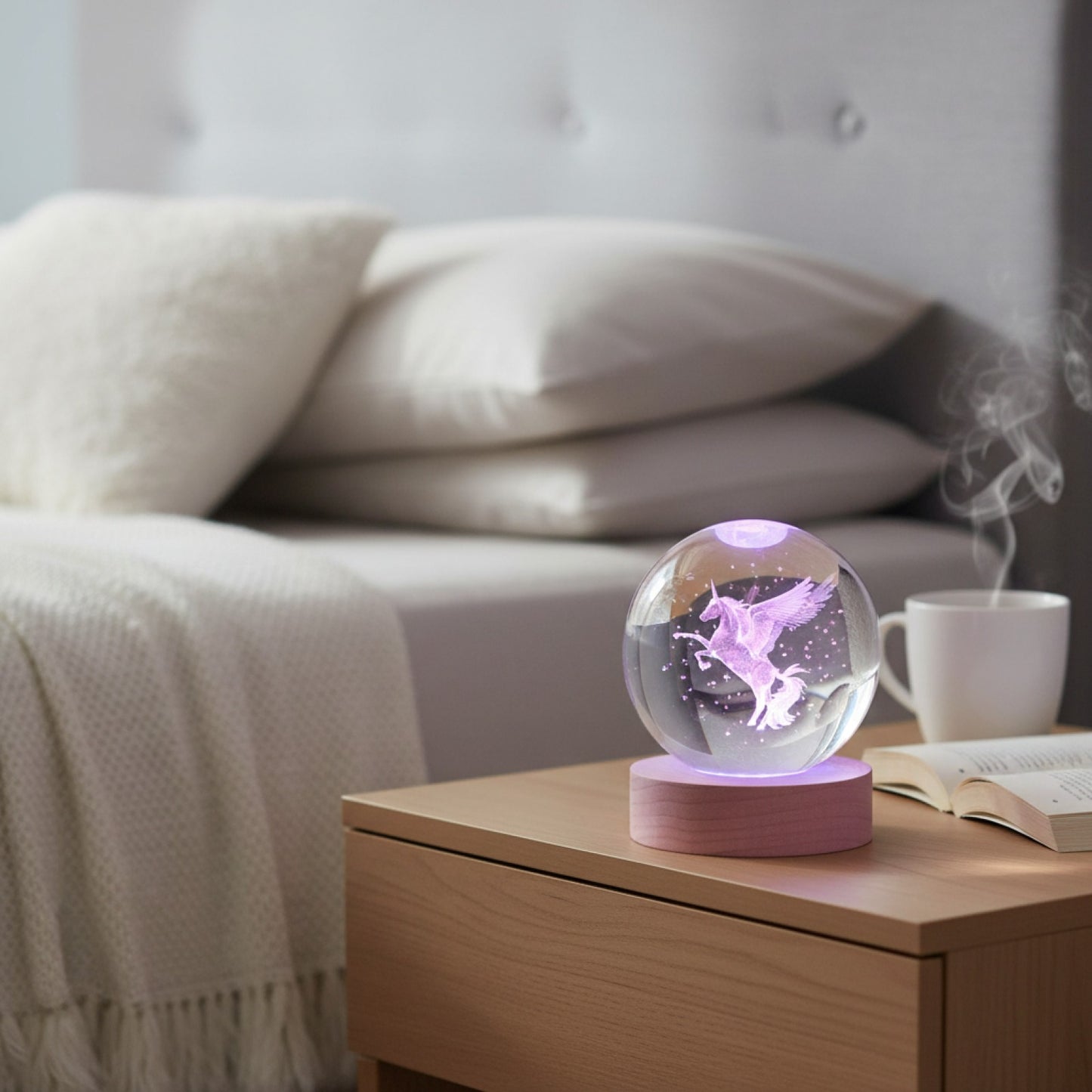 Veilleuse Boule de Cristal Licorne Gravée Laser 3D avec Support LED Coloré - Cadeau Décoration Originale