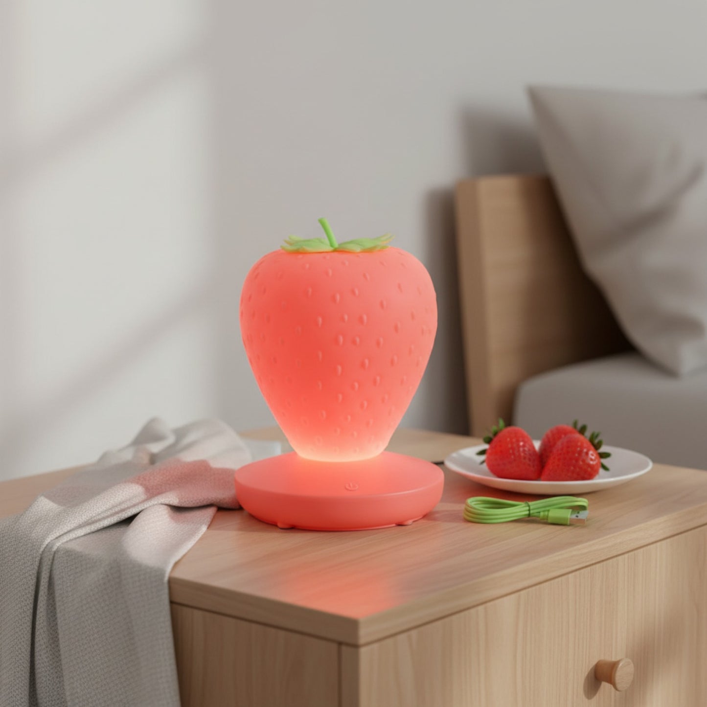 Veilleuse LED Fraise Silicone Tactile USB Rechargeable, Lumière d'Ambiance Idéale pour Chambre