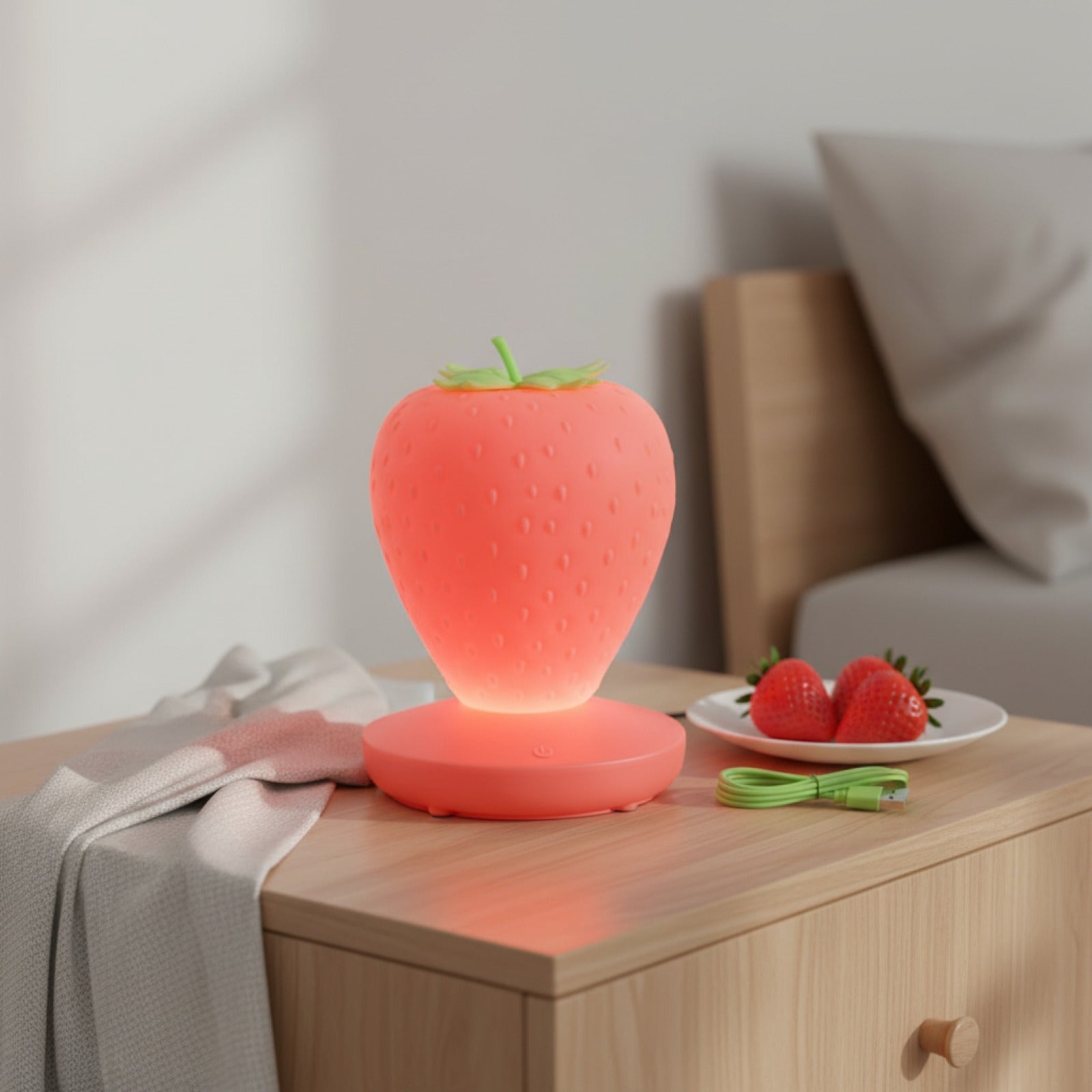 Veilleuse LED Fraise Silicone Tactile USB Rechargeable, Lumière d'Ambiance Idéale pour Chambre