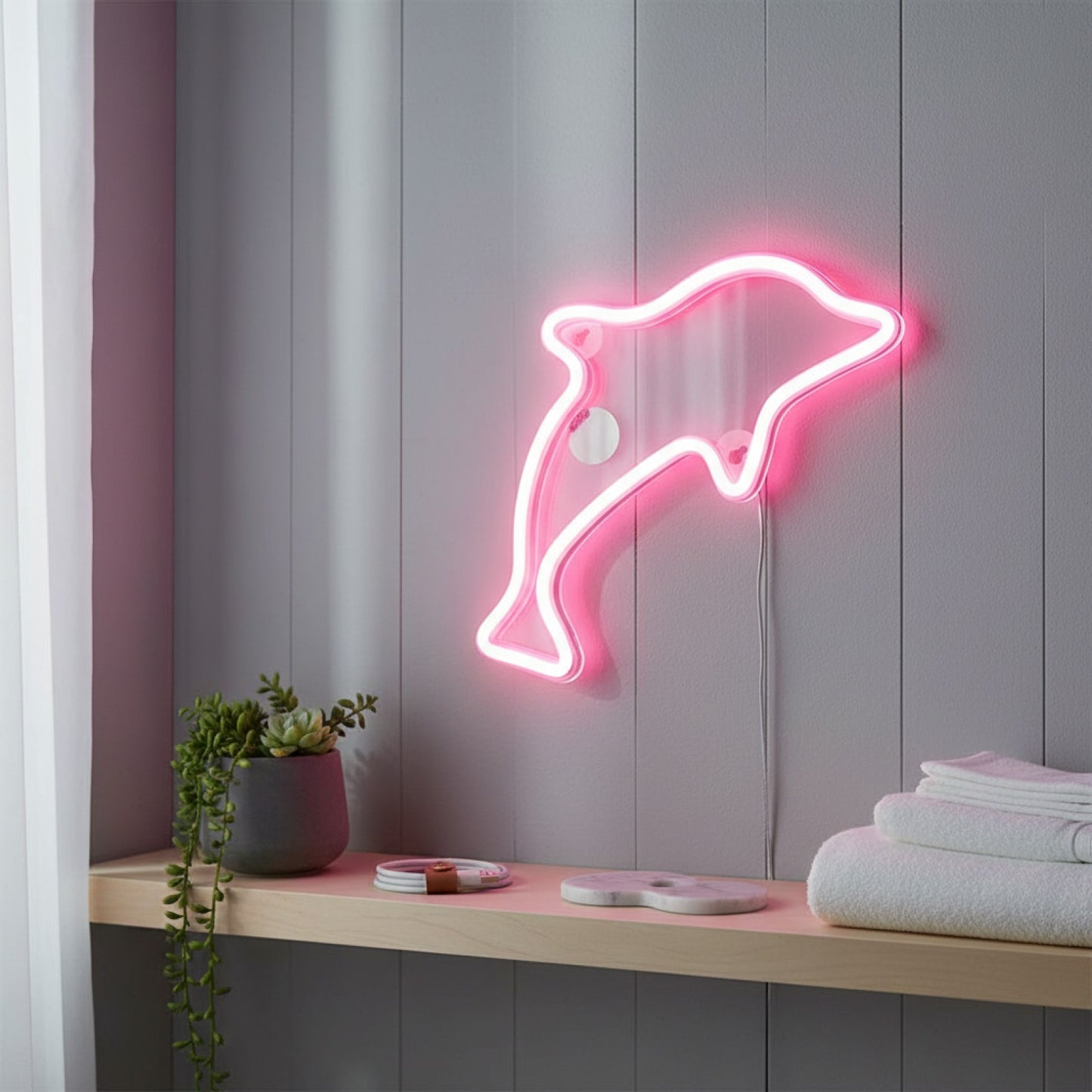 Veilleuse LED Néon Rose Dauphin - Décoration Murale Artificielle pour Chambre, Bar, Fête - USB/Batterie
