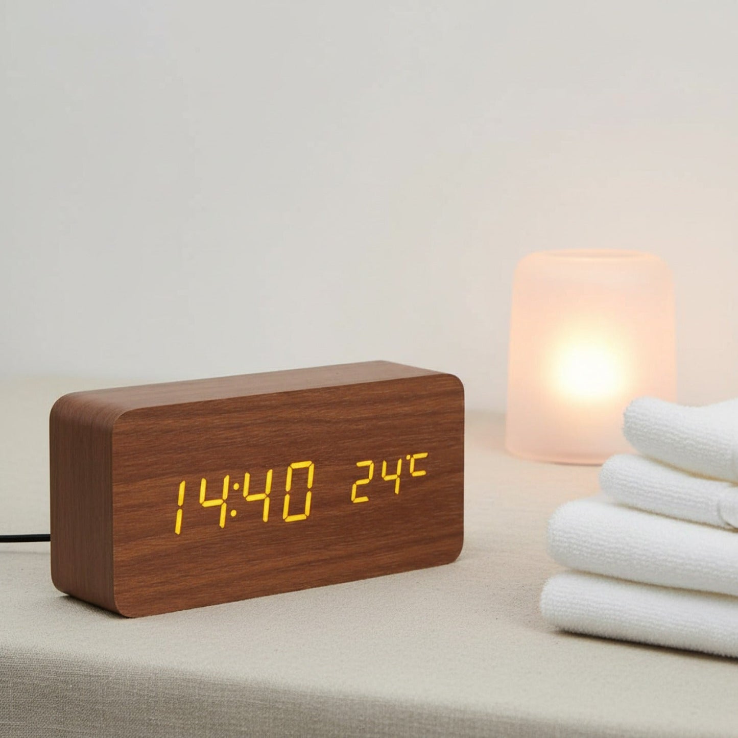 Veilleuse Réveil Digital Bois LED avec Température - Horloge de Bureau et de Chevet