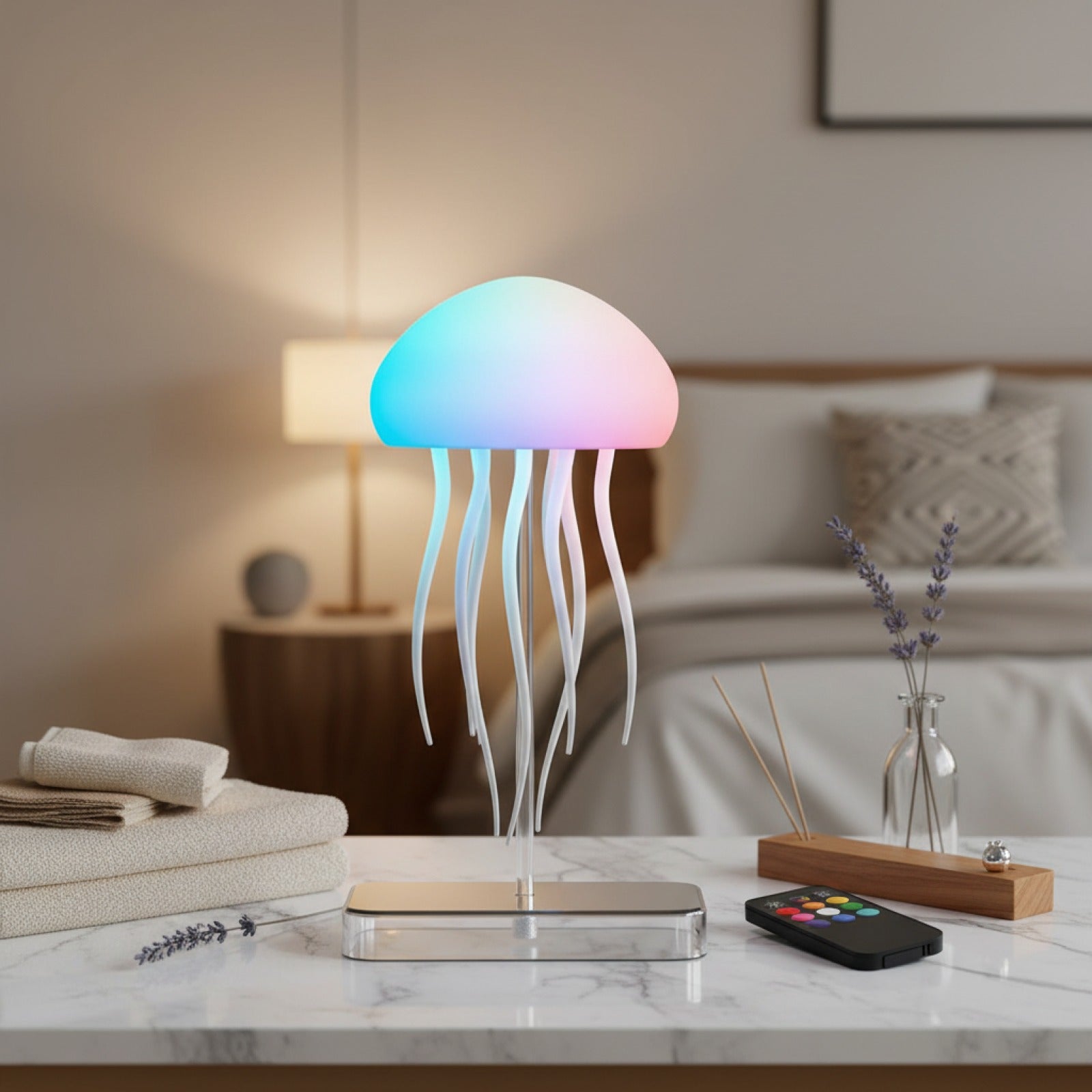 Veilleuse Lampe Méduse LED avec 9 Tentacules, 2 Modes, Effets Lumineux à Dégradé de Couleurs et Télécommande