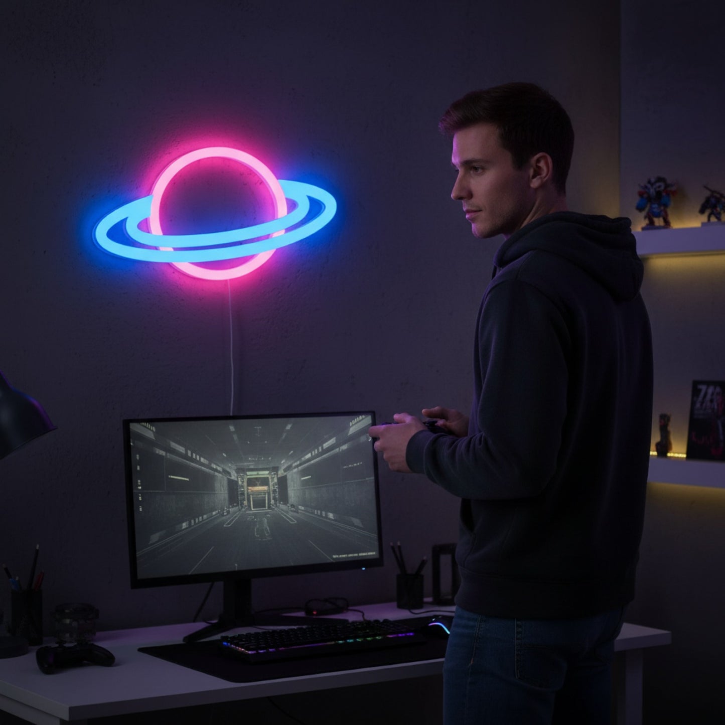 Veilleuse LED Néon Gamepad Fire Moon Star - Décoration Murale Lumineuse
