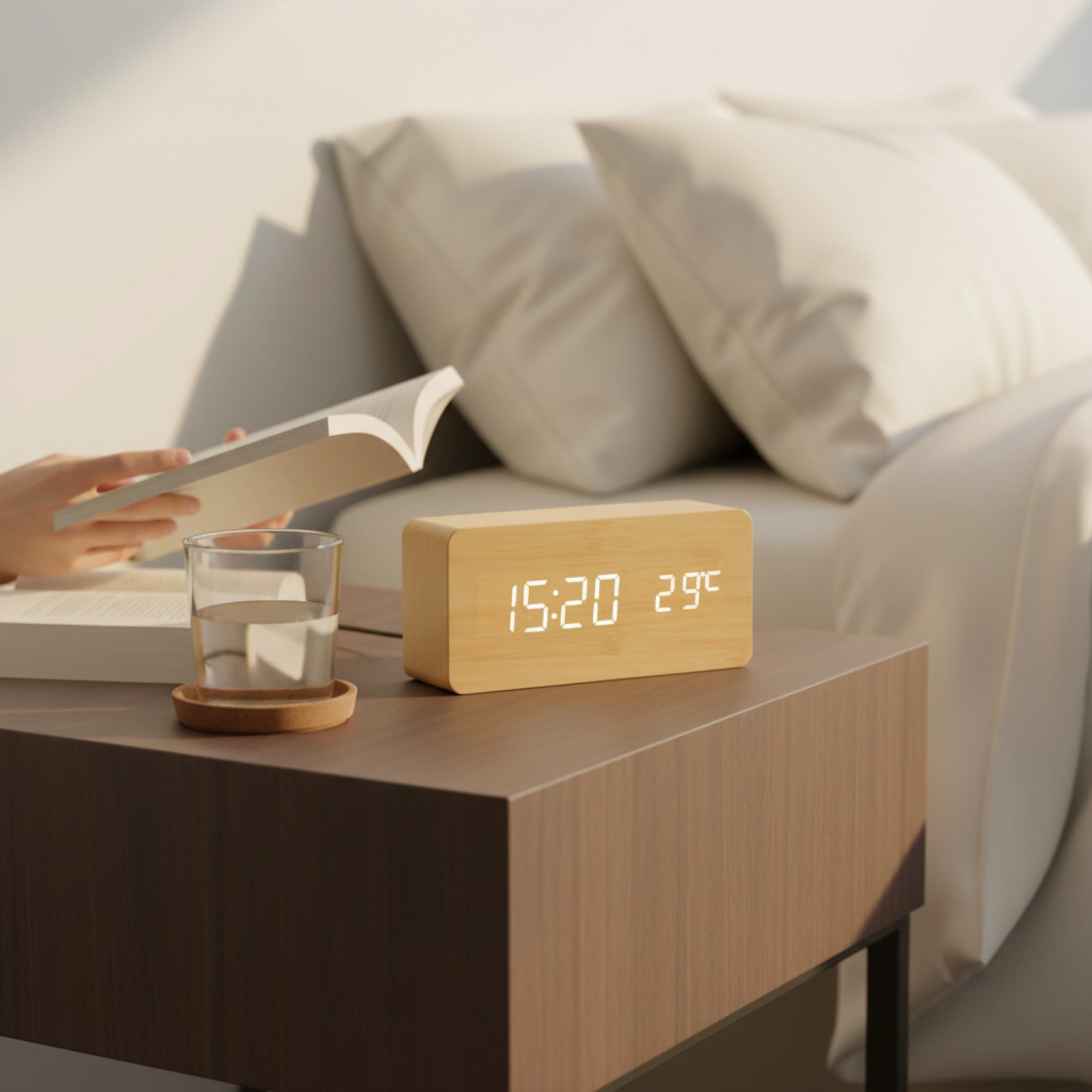Veilleuse Réveil Digital Bois LED avec Température - Horloge de Bureau et Chevet