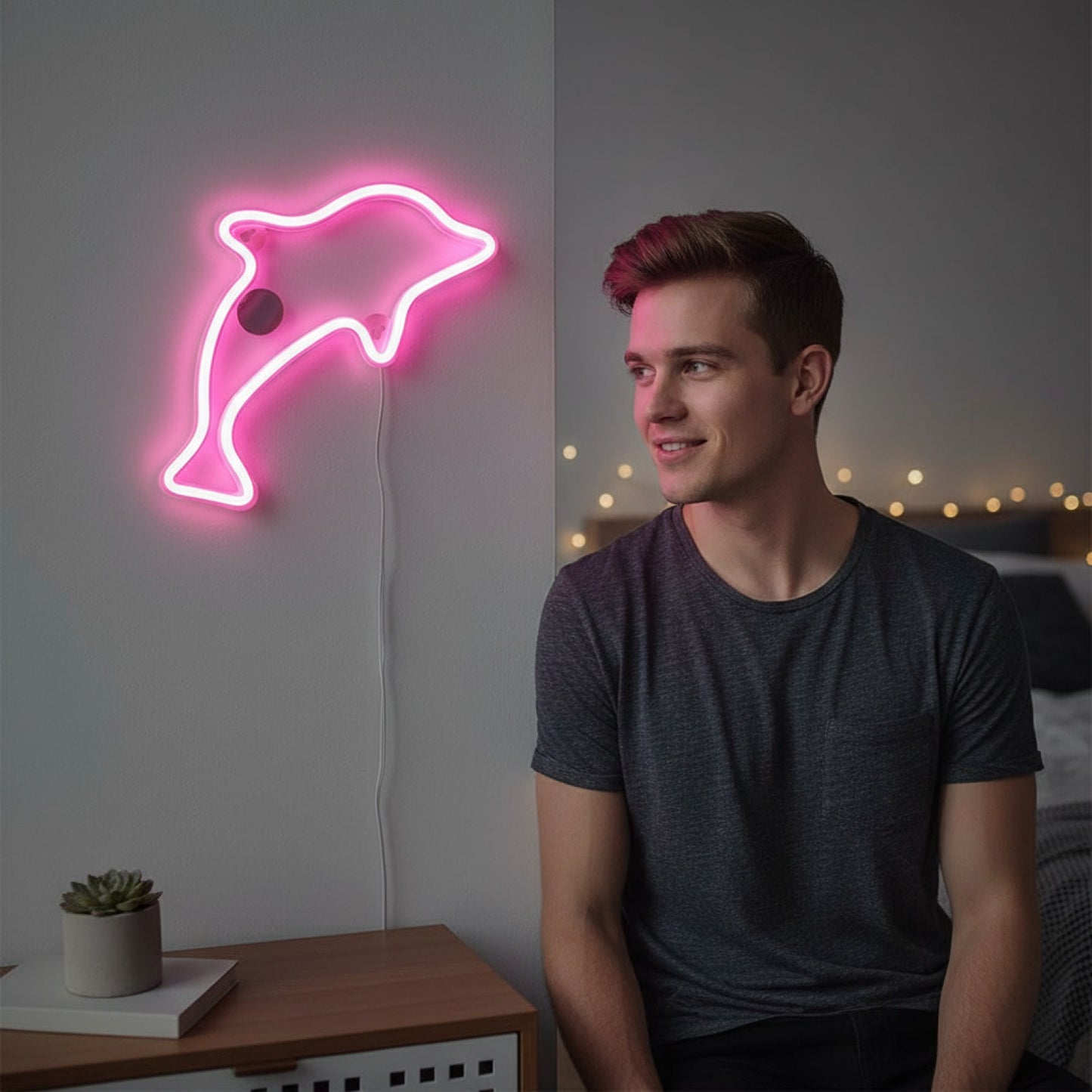 Veilleuse LED Néon Rose Dauphin - Décoration Murale Artificielle pour Chambre, Bar, Fête - USB/Batterie