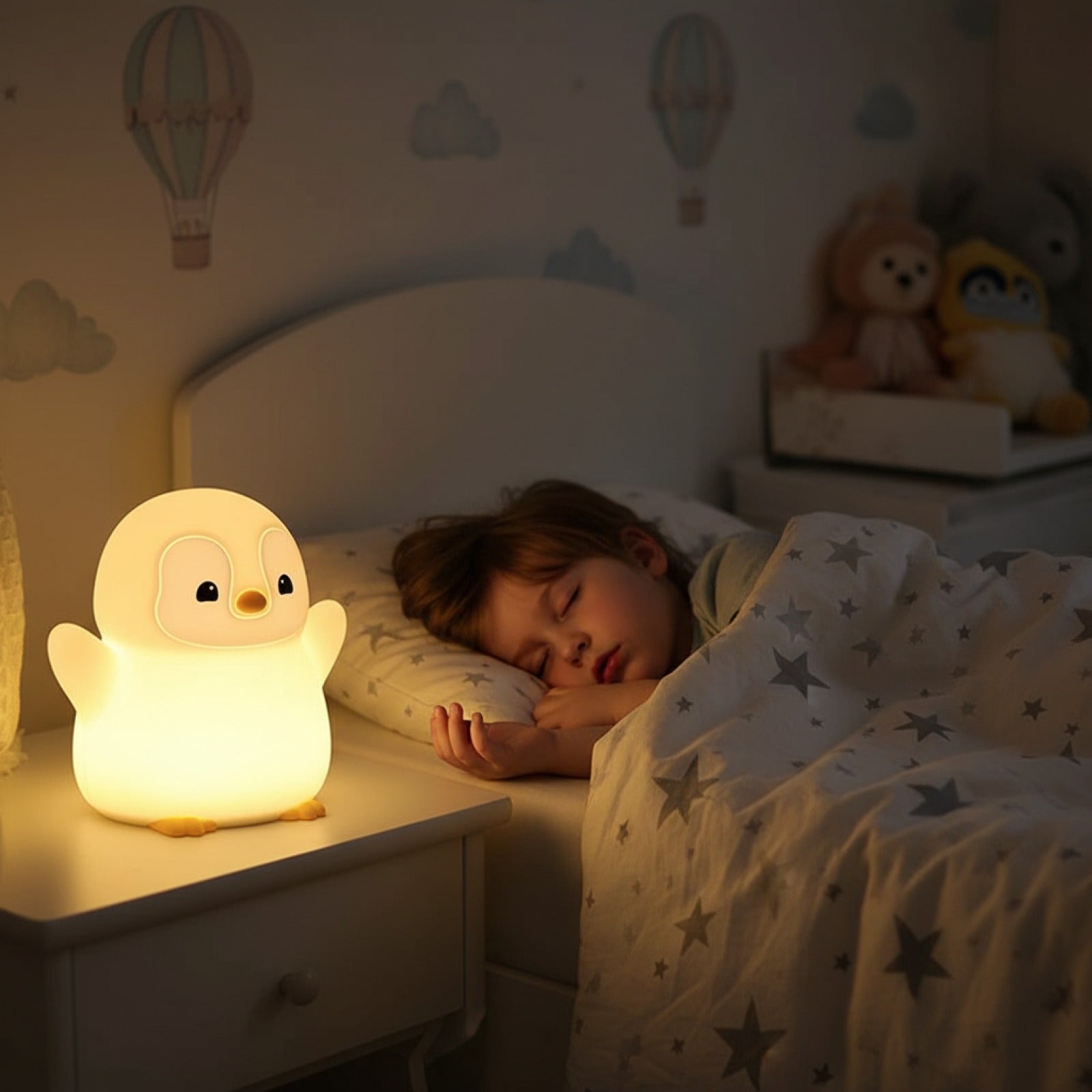 Veilleuse Pingouin en Silicone Souple, Lampe de Chevet Bébé Rechargeable USB avec Minuteur