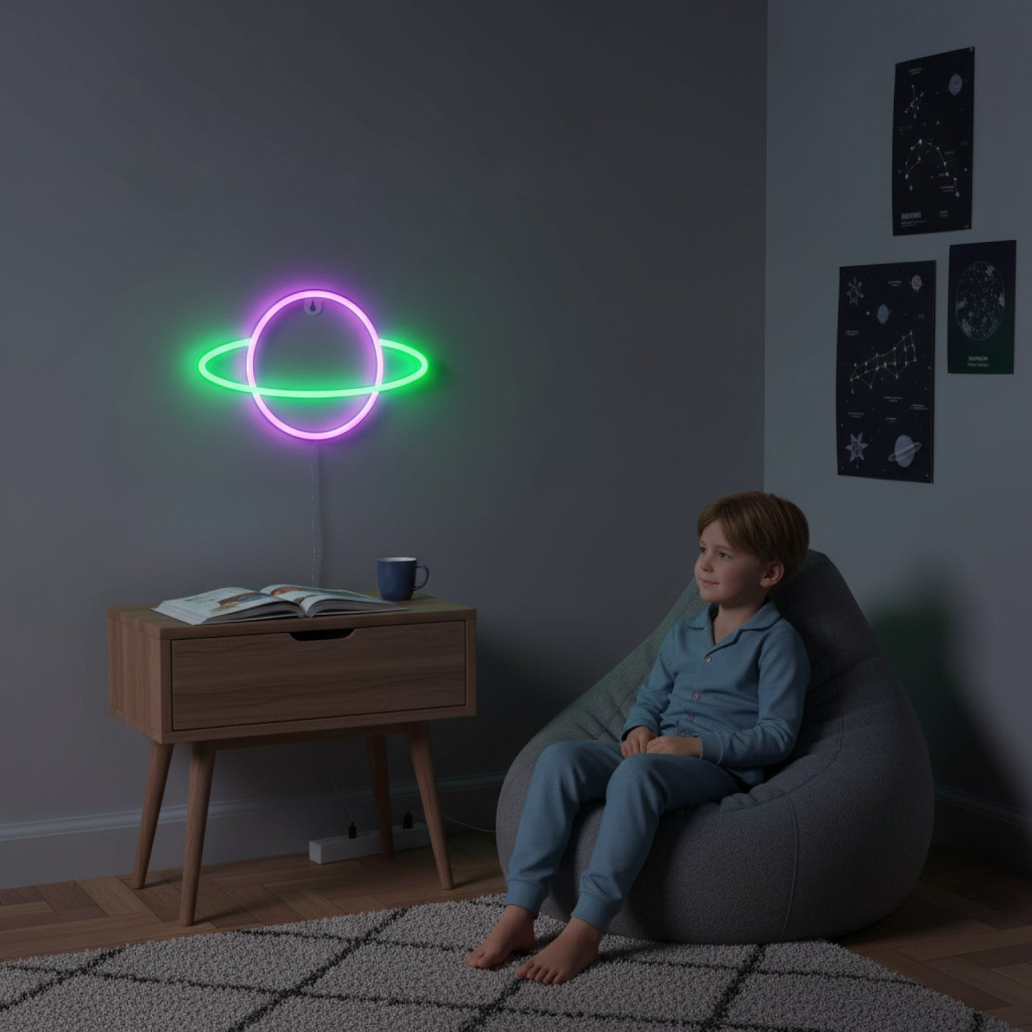 Veilleuse Décorative Cosy Planète pour Chambre - Rose/Bleu - Thème Fête, Cadeau Garçon - Alimentation USB/Piles