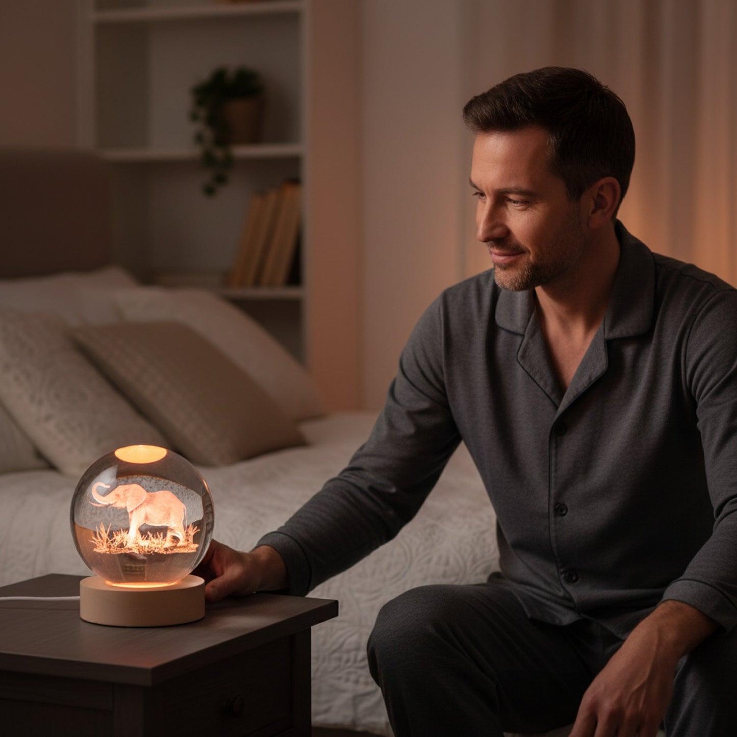 Veilleuse Boule de Cristal Gravée Éléphant 3D avec Support Lumineux LED - Décoration Intérieure Salon & Chambre