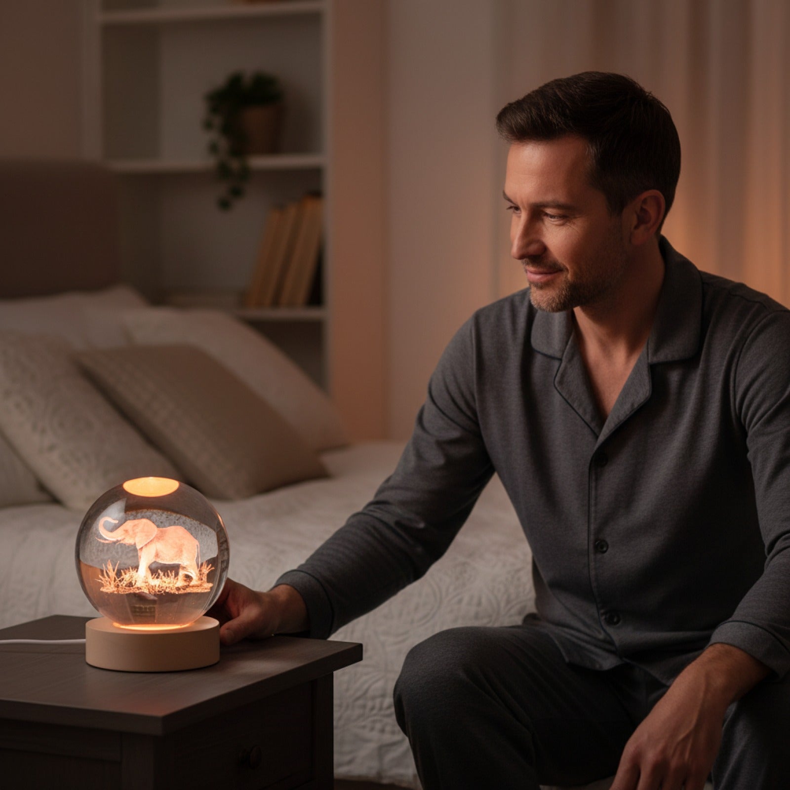 Veilleuse Boule de Cristal Gravée Éléphant 3D avec Support Lumineux LED - Décoration Intérieure Salon & Chambre