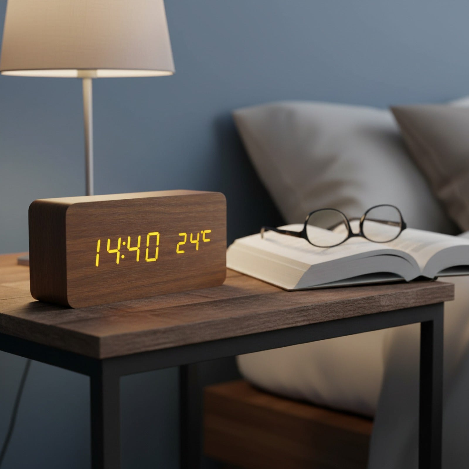 Veilleuse Réveil Digital Bois LED avec Température - Horloge de Bureau et de Chevet