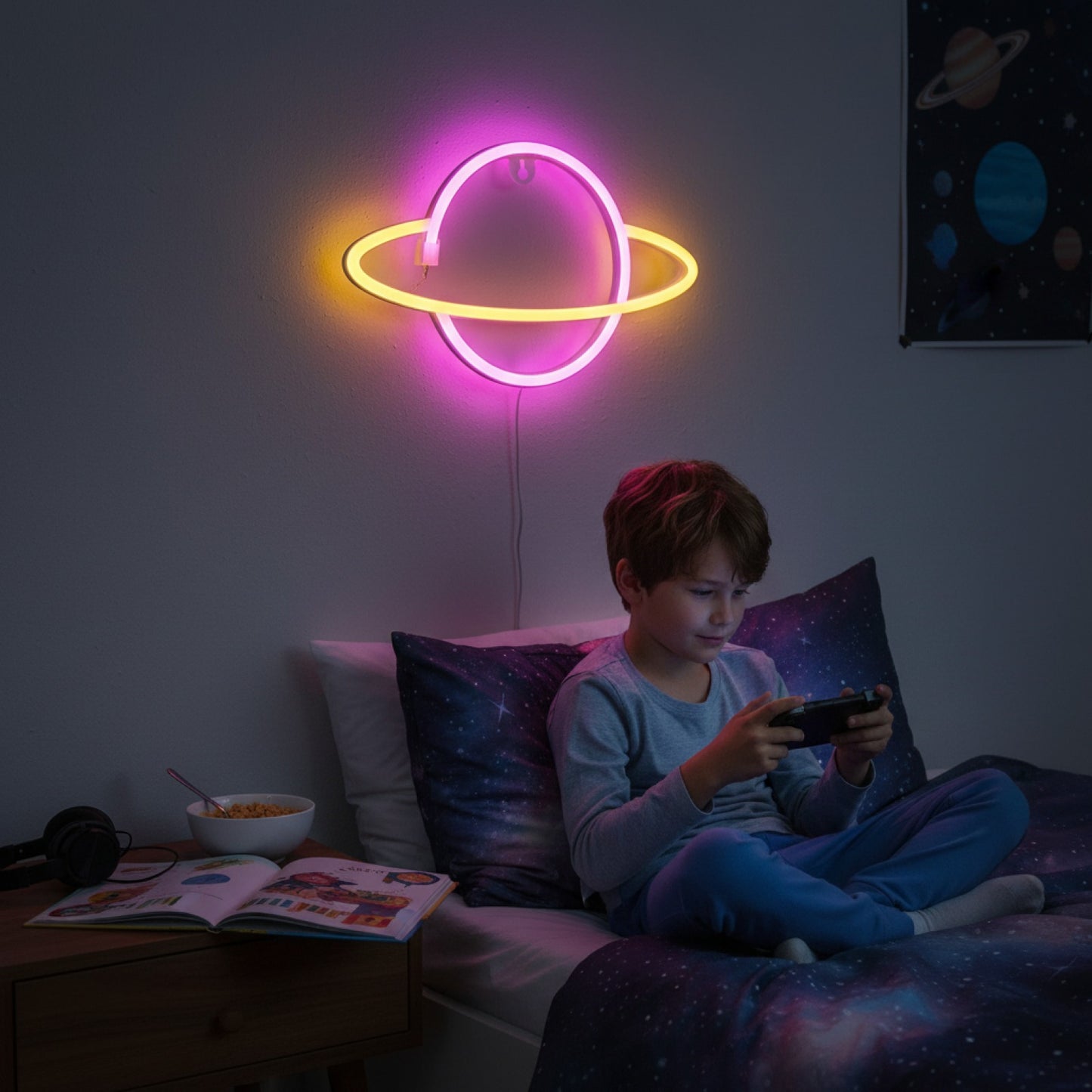 Veilleuse Décorative Planète Rose et Bleue - Cadeau Garçon, Thème Jeux Vidéo, Alimentation USB/Piles