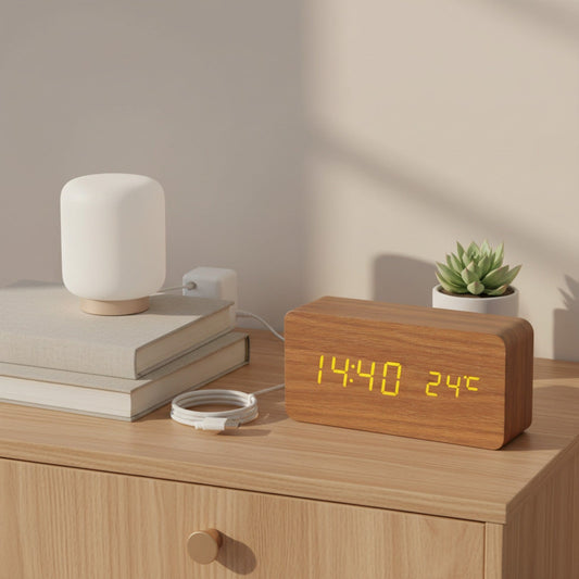 Veilleuse Réveil Digital Bois LED avec Température - Horloge de Bureau et de Chevet
